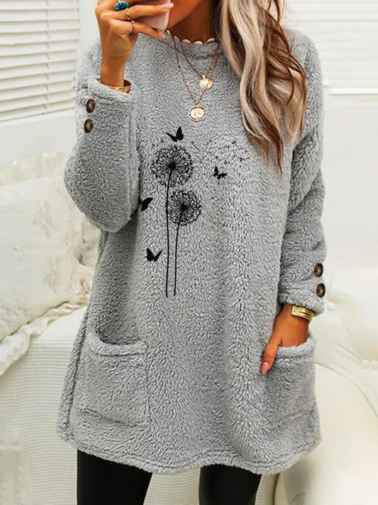 Casual Crew Neck Dandelion Sweatshirt Buttoned