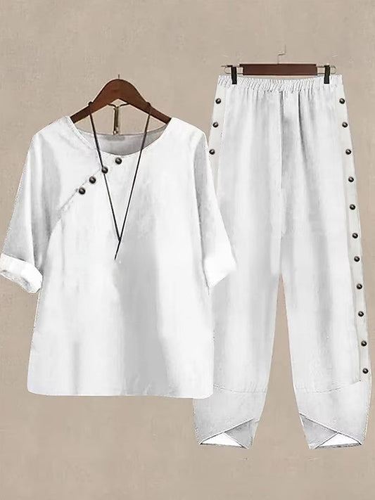 5/4 Sleeved Cotton Linen Top And Pants Two-piece Set