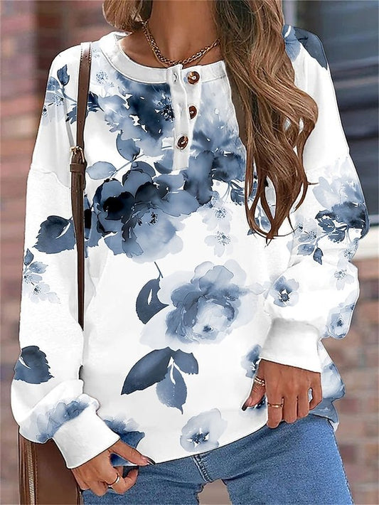 Casual Crew Neck Floral Sweatshirt Buckle