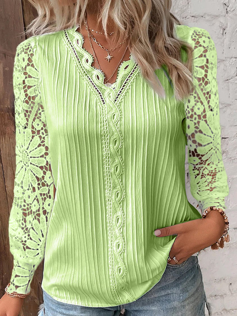 2023 Autumn New Lace Sleeve Stitching Long-sleeved Top-Green