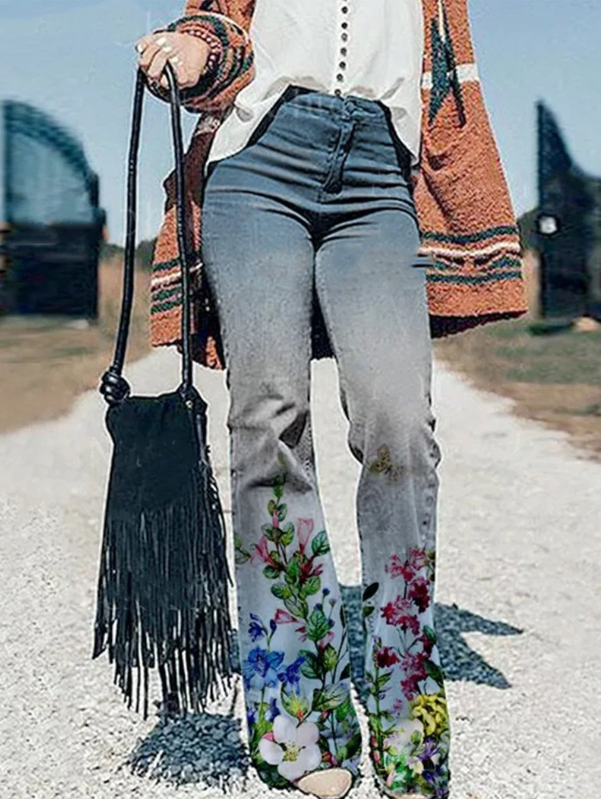 Casual Floral Wide Leg Jeans